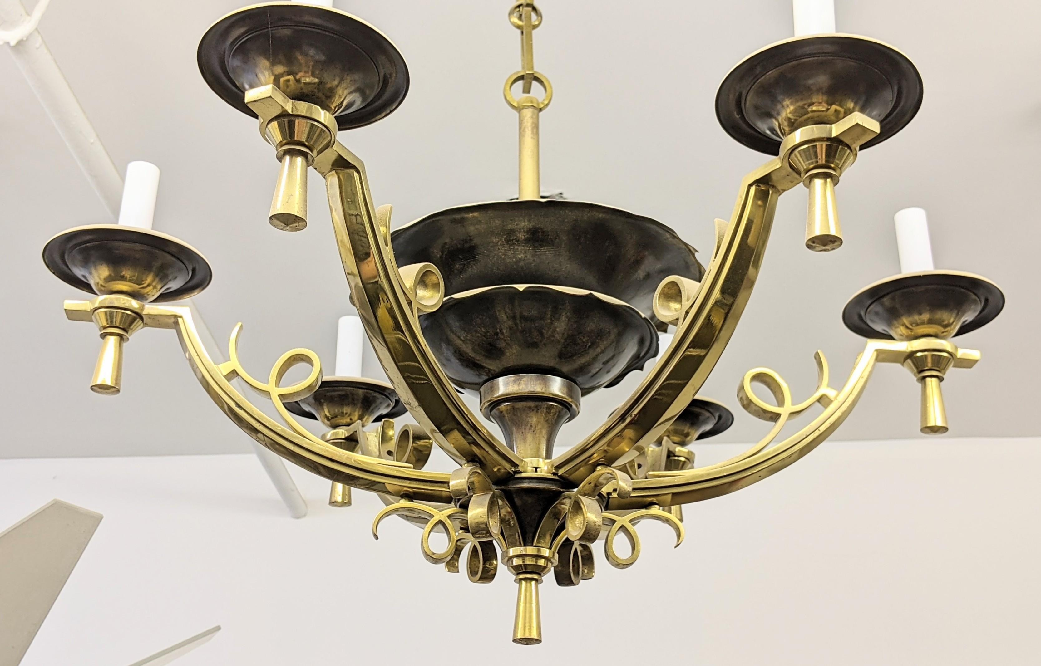Six-Armed French Art Deco Chandelier 1940's In Excellent Condition For Sale In Long Island City, NY