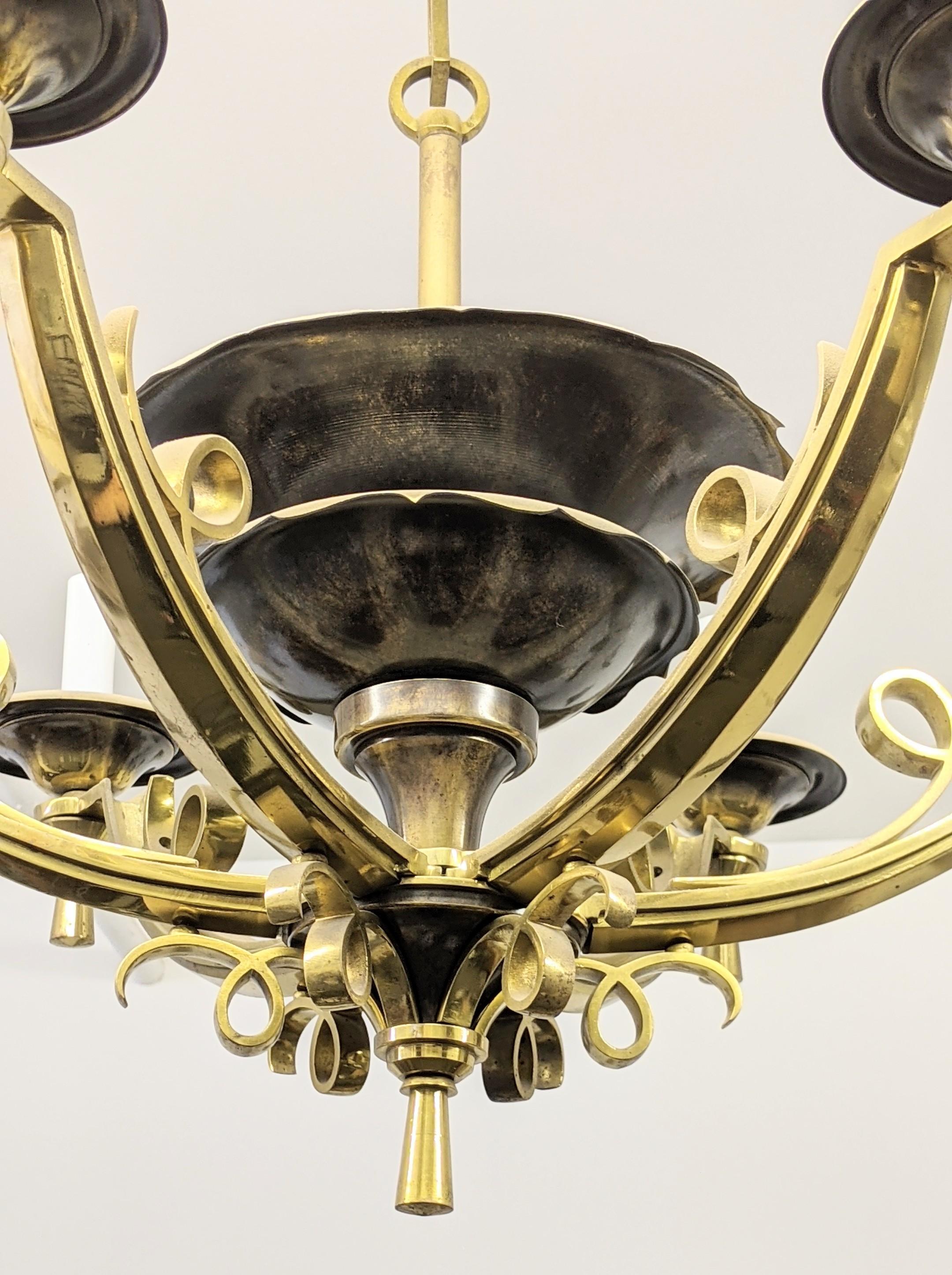 Bronze Six-Armed French Art Deco Chandelier 1940's For Sale