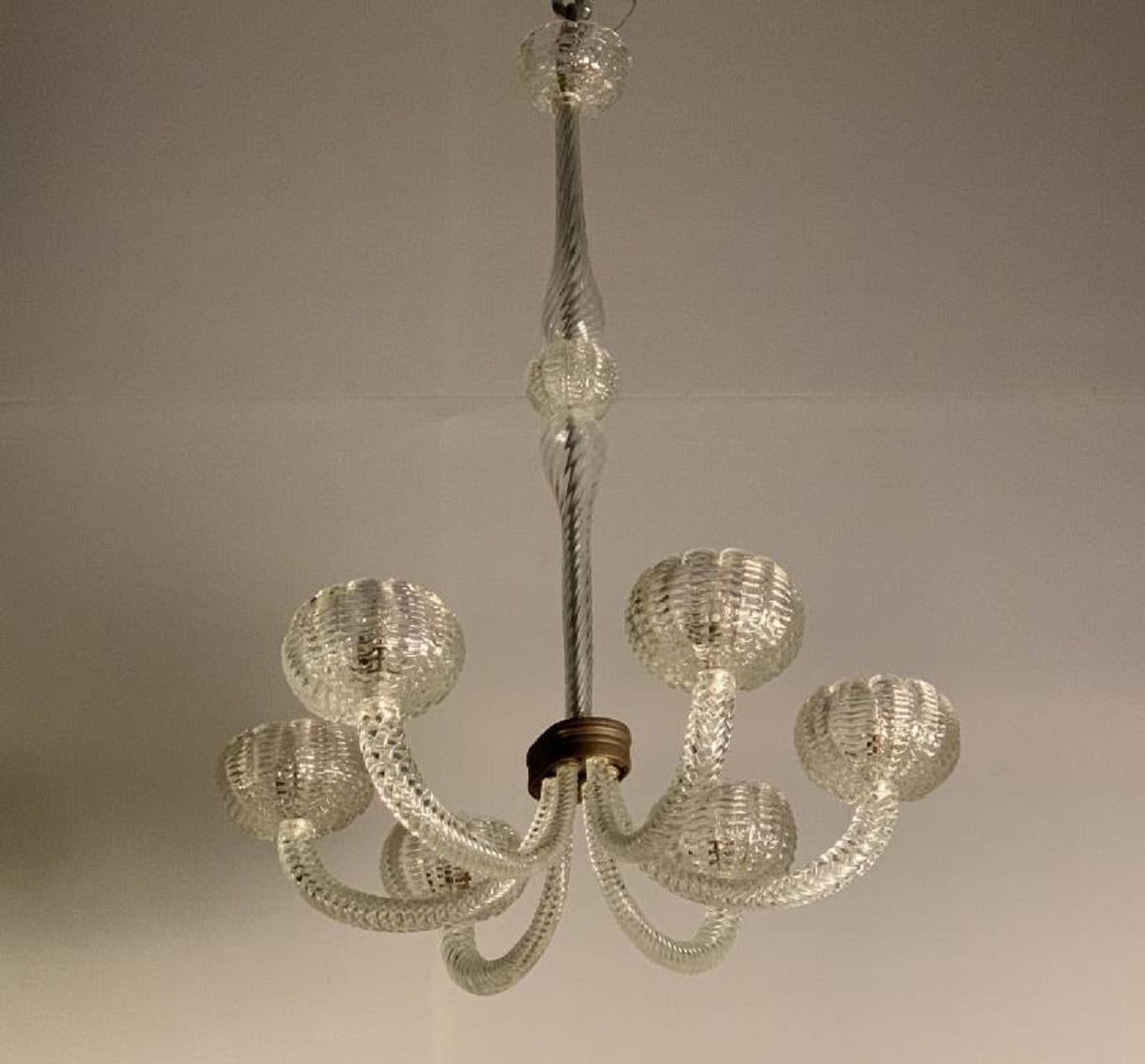 Six arms Art Deco Murano glass chandelier.