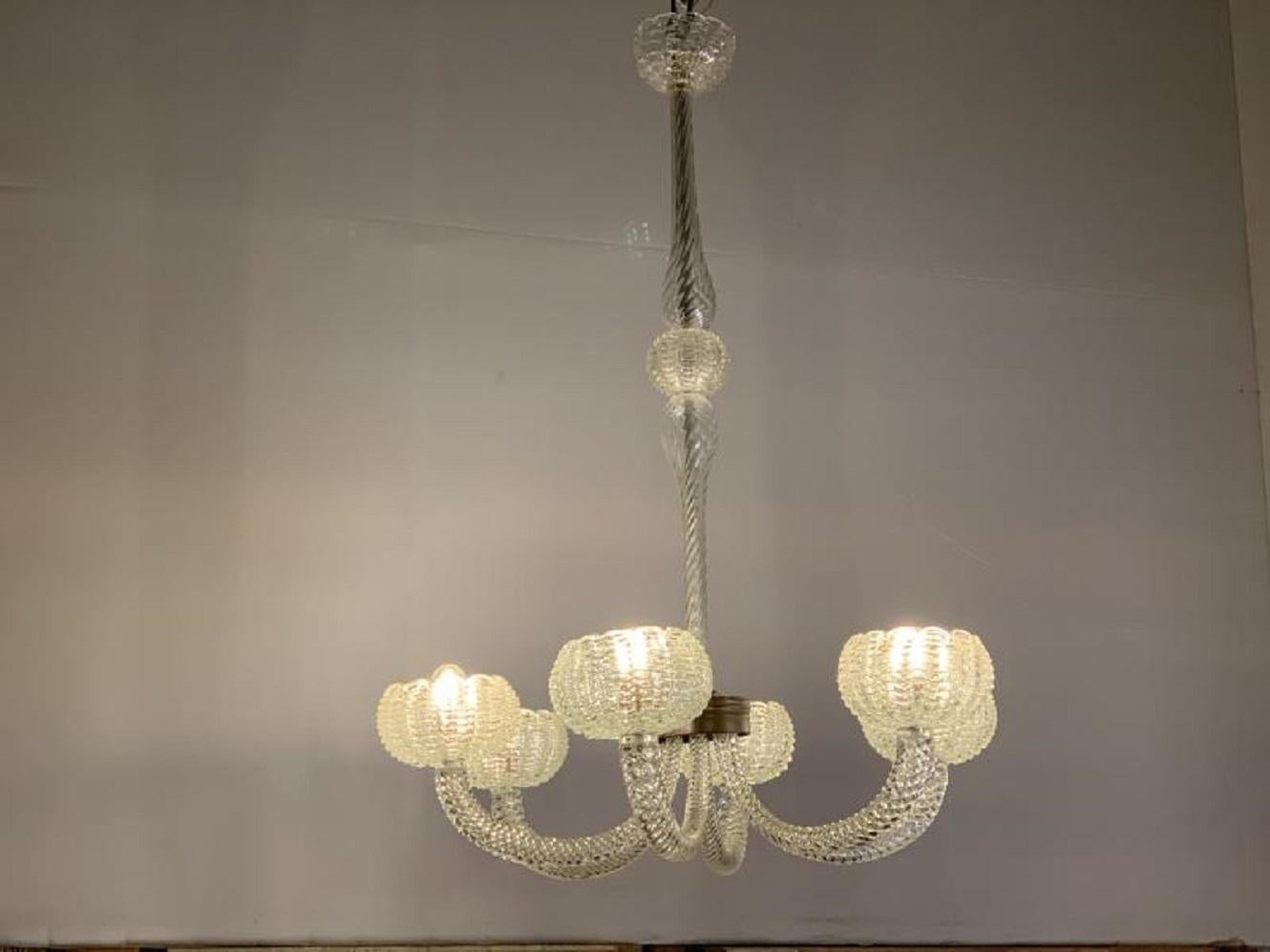 Italian Six Arms Art Deco Murano Glass Chandelier