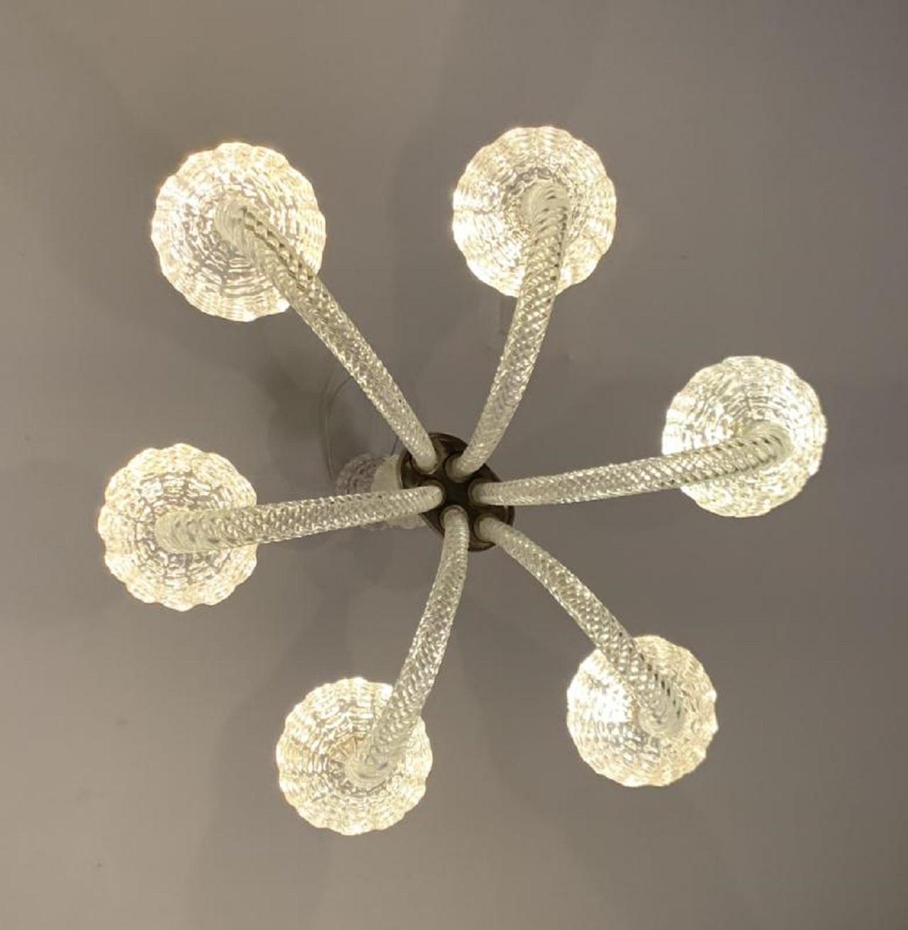 Mid-20th Century Six Arms Art Deco Murano Glass Chandelier