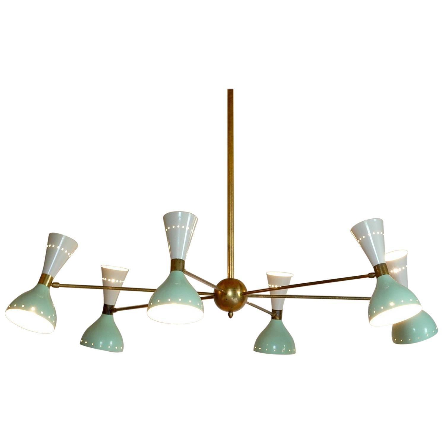 Six Arms Brass Chandelier, Ivory Sage Pivot Shades, Stilnovo Style, Twelve Bulbs