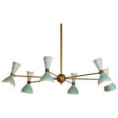 Six Arms Brass Chandelier, Ivory Sage Pivot Shades, Stilnovo Style, Twelve Bulbs