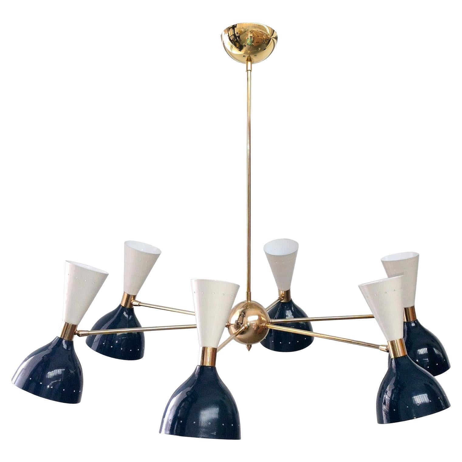 Six Arms Brass Chandelier, White Midnight Blue, Pivot Shades, Stilnovo Style