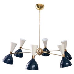 Lustre à six bras en laiton, blanc bleu nuit, abat-jour pivotant, style Stilnovo