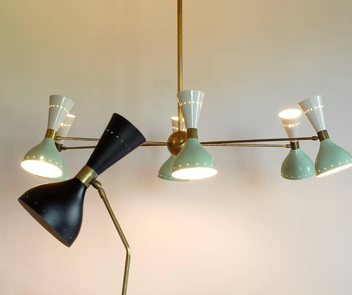Metal Six Arms Brass Chandelier, Ivory Sage Pivot Shades, Stilnovo Style, Twelve Bulbs For Sale