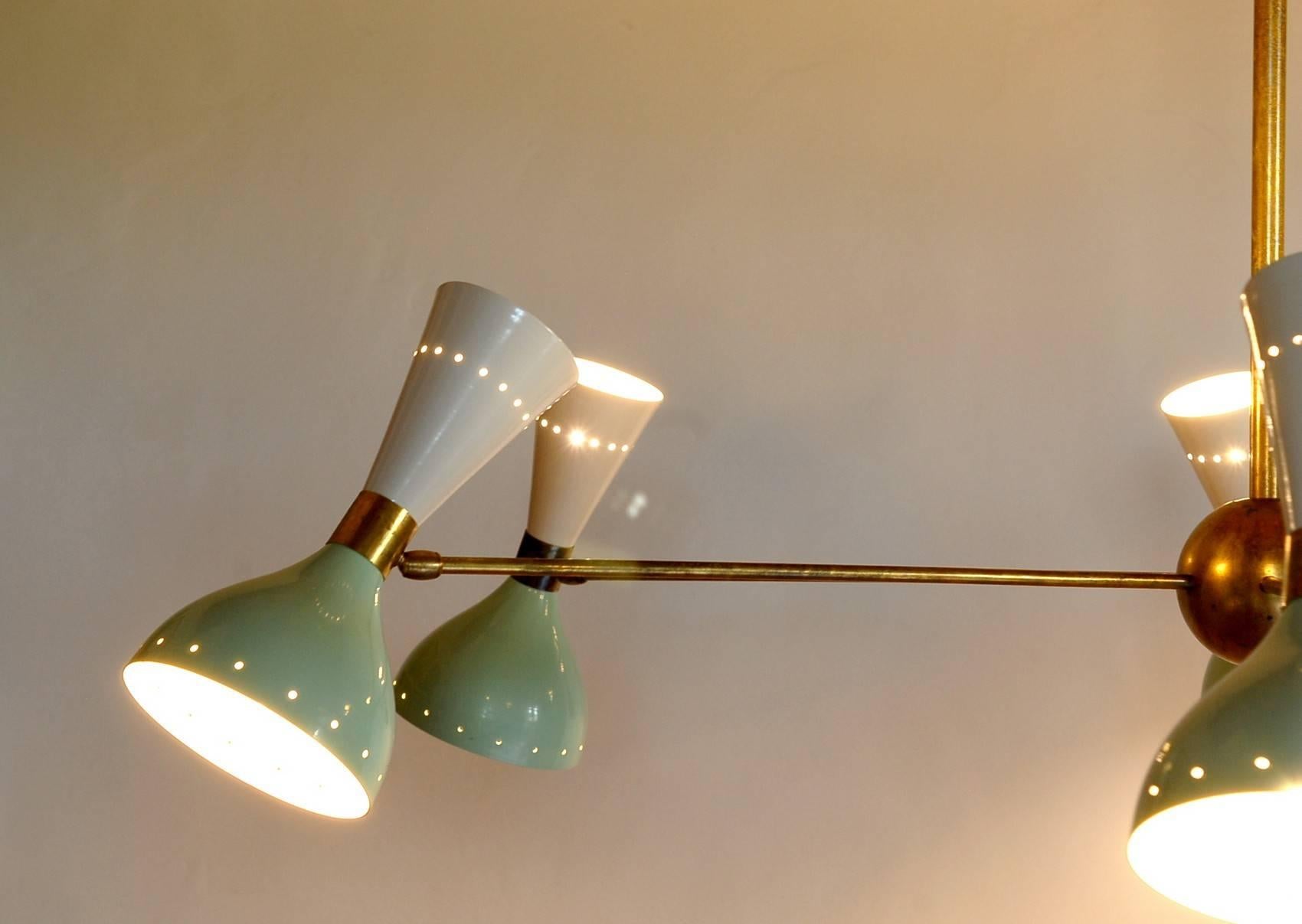 Six Arms Brass Chandelier, Ivory Sage Pivot Shades, Stilnovo Style, Twelve Bulbs For Sale 4