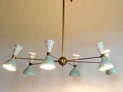 Six Arms Brass Chandelier, Ivory Sage Pivot Shades, Stilnovo Style, Twelve Bulbs