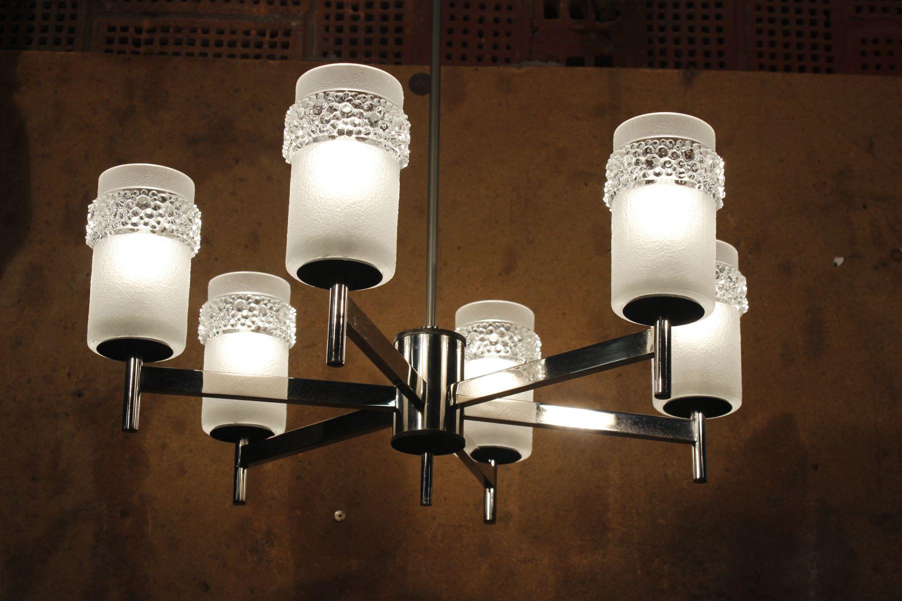 German Six arms chandelier in frosted glass & chrome by Hillebrand Leuchten, 1970s For Sale