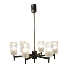 Six arms chandelier in frosted glass & chrome by Hillebrand Leuchten, 1970s