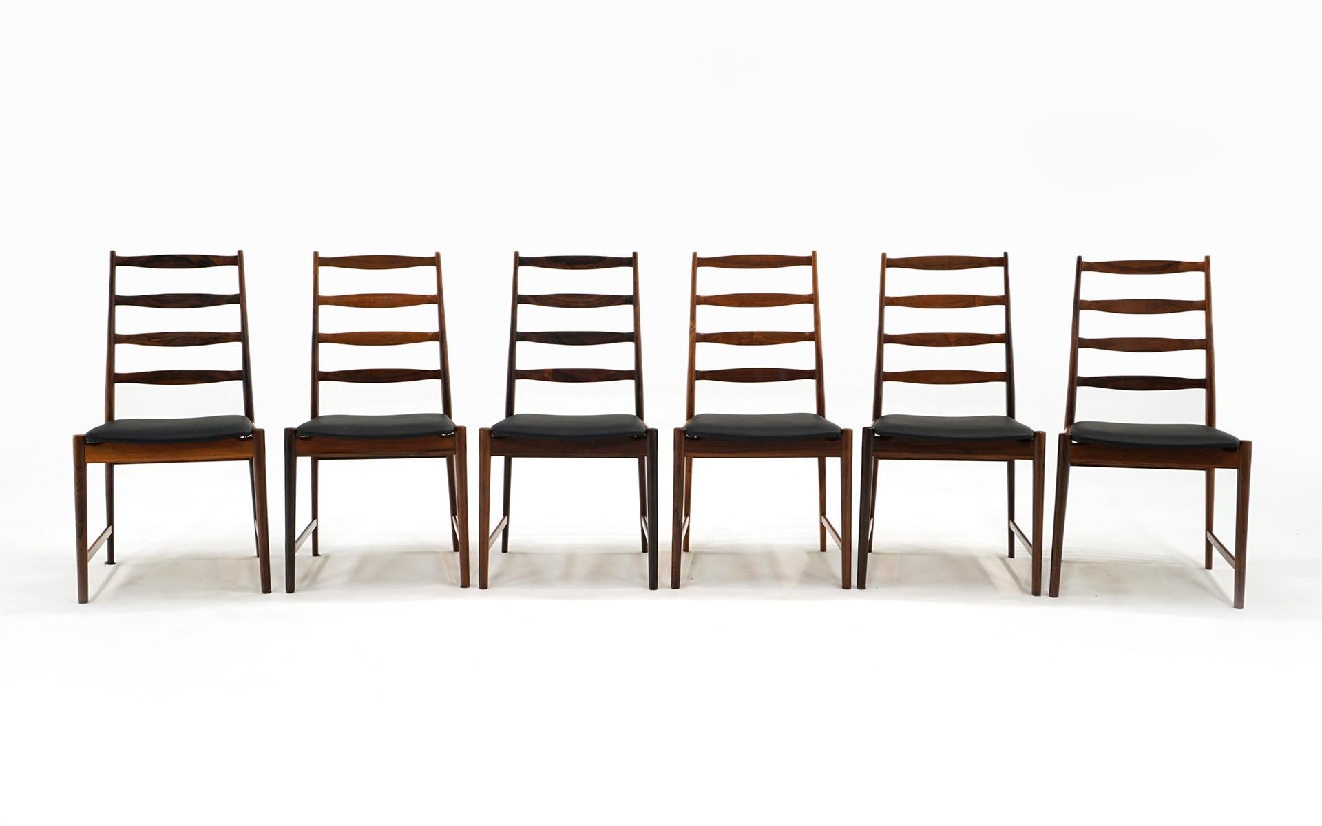 Scandinavian Modern Six Arne Vodder Dining Chairs in Brazilian Rosewood and Black Leather.  Signed. For Sale