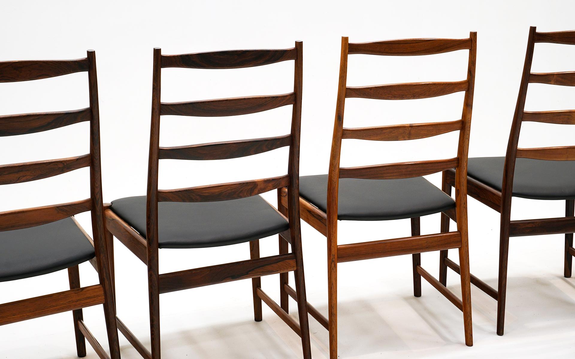 Mid-20th Century Six Arne Vodder Dining Chairs in Brazilian Rosewood and Black Leather.  Signed. For Sale