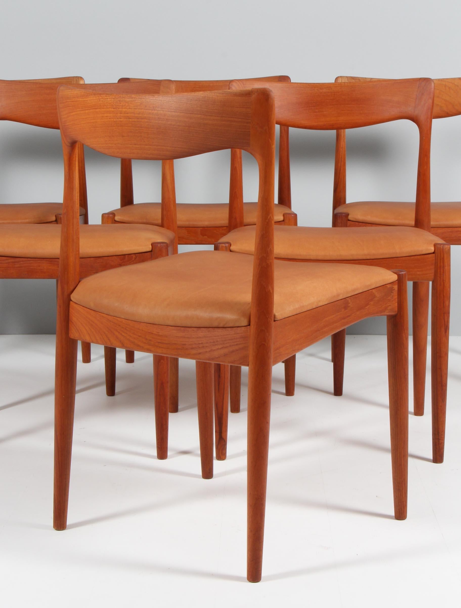 Leather Six Arne Vodder Dining Chairs, Solid Teak
