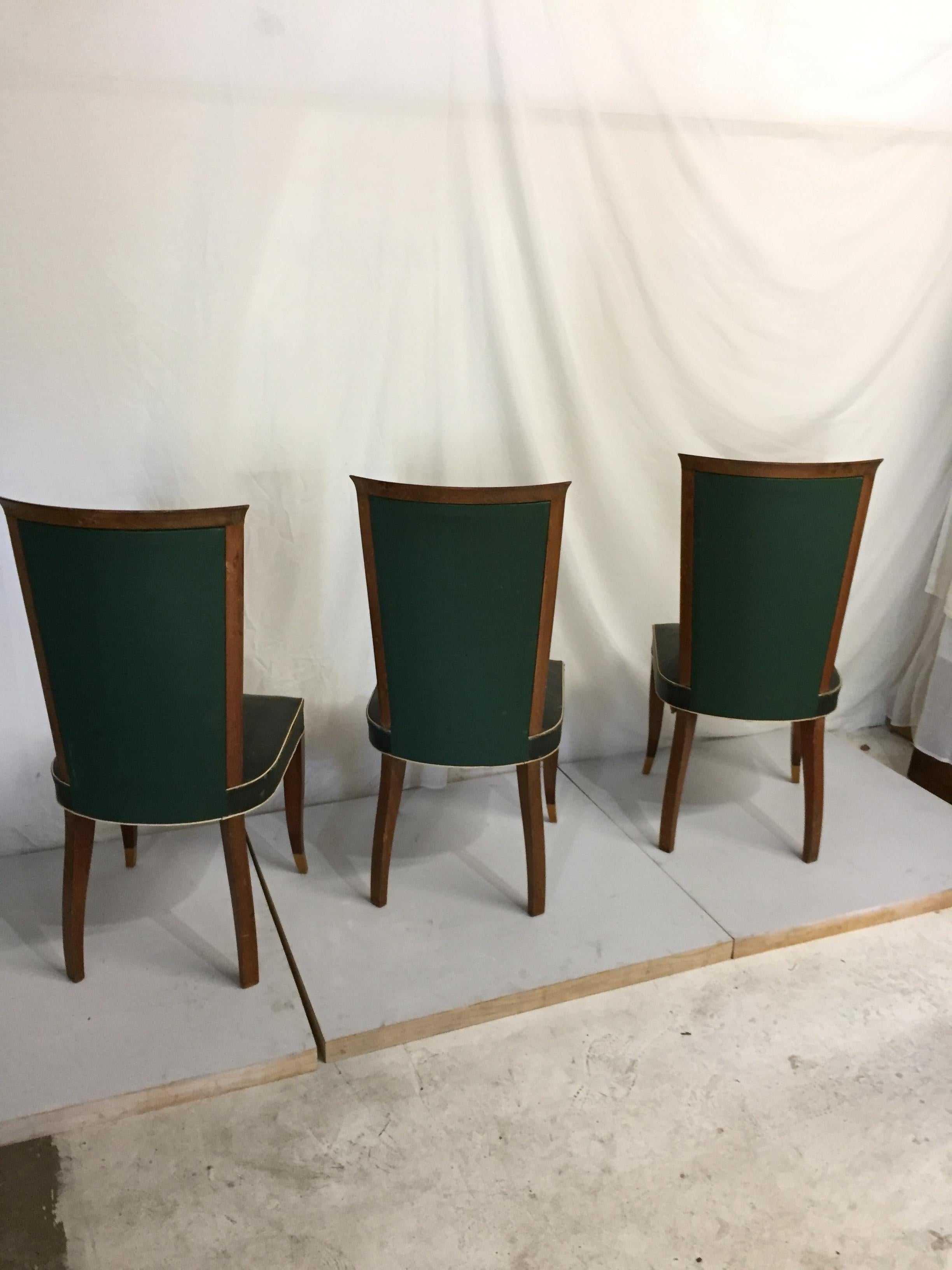 Mid-20th Century Six Art Deco Chairs in Green Leather Original Condition For Sale