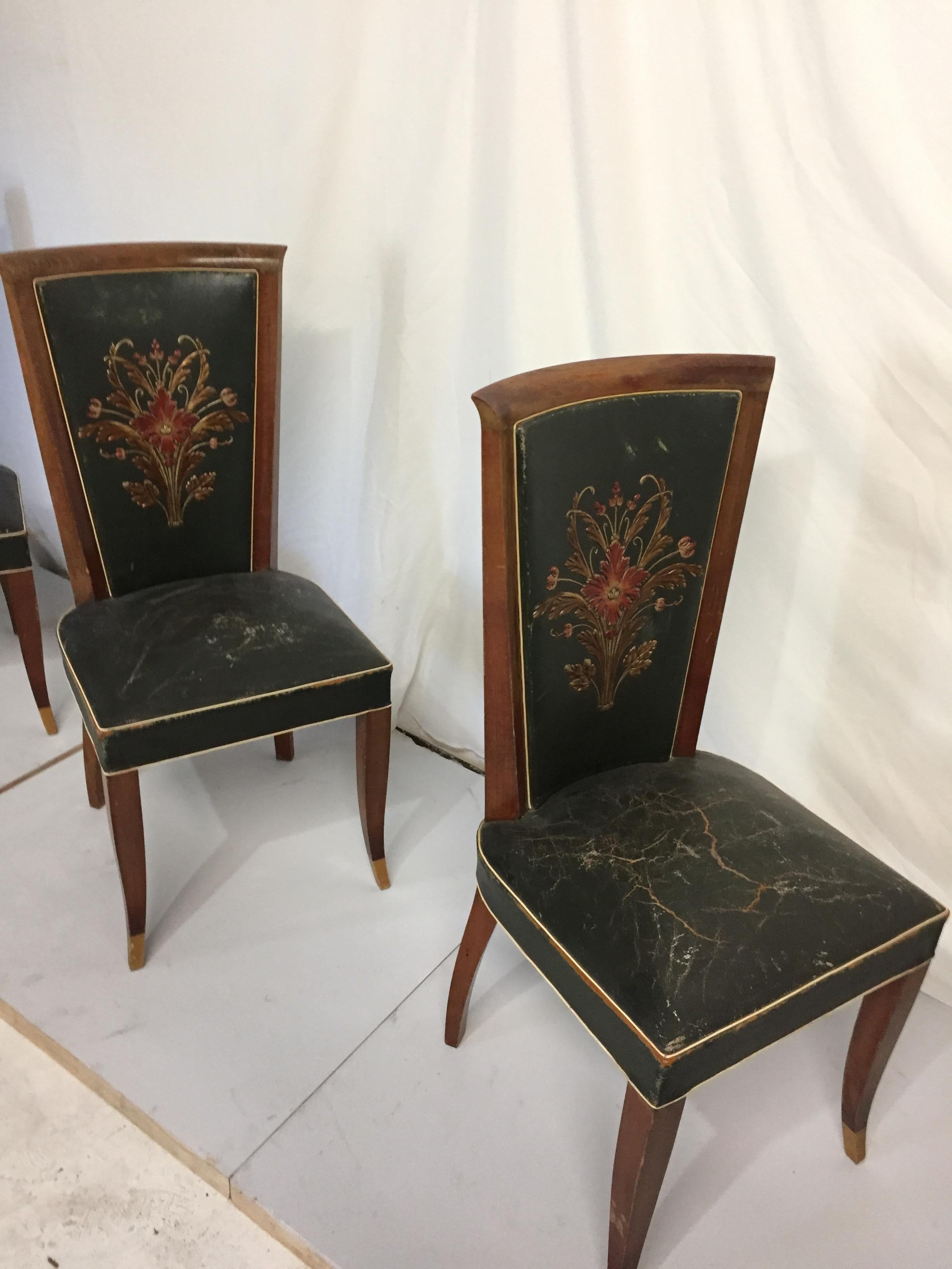 Six Art Deco Chairs in Green Leather Original Condition For Sale 2