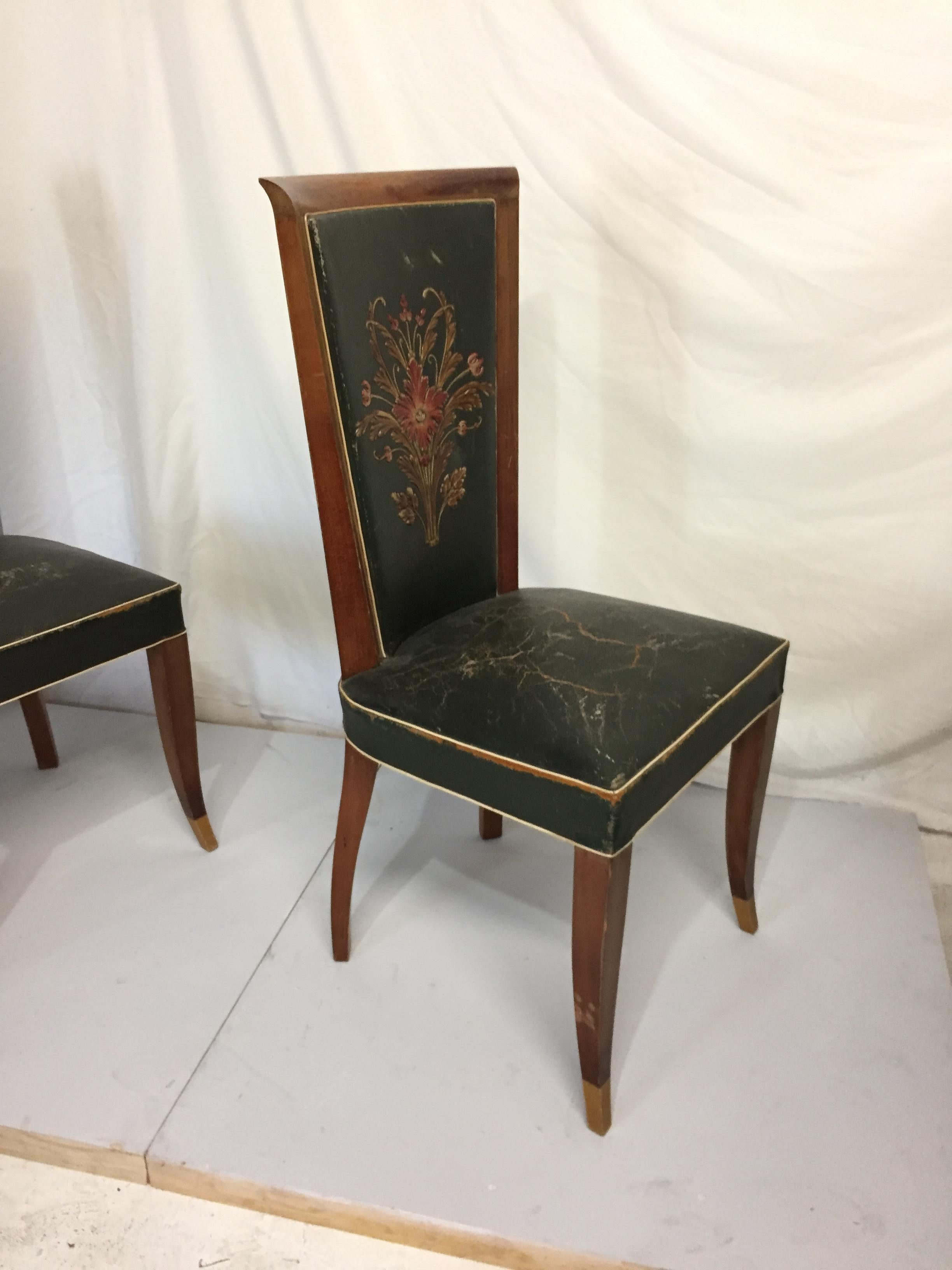Six Art Deco Chairs in Green Leather Original Condition For Sale 3