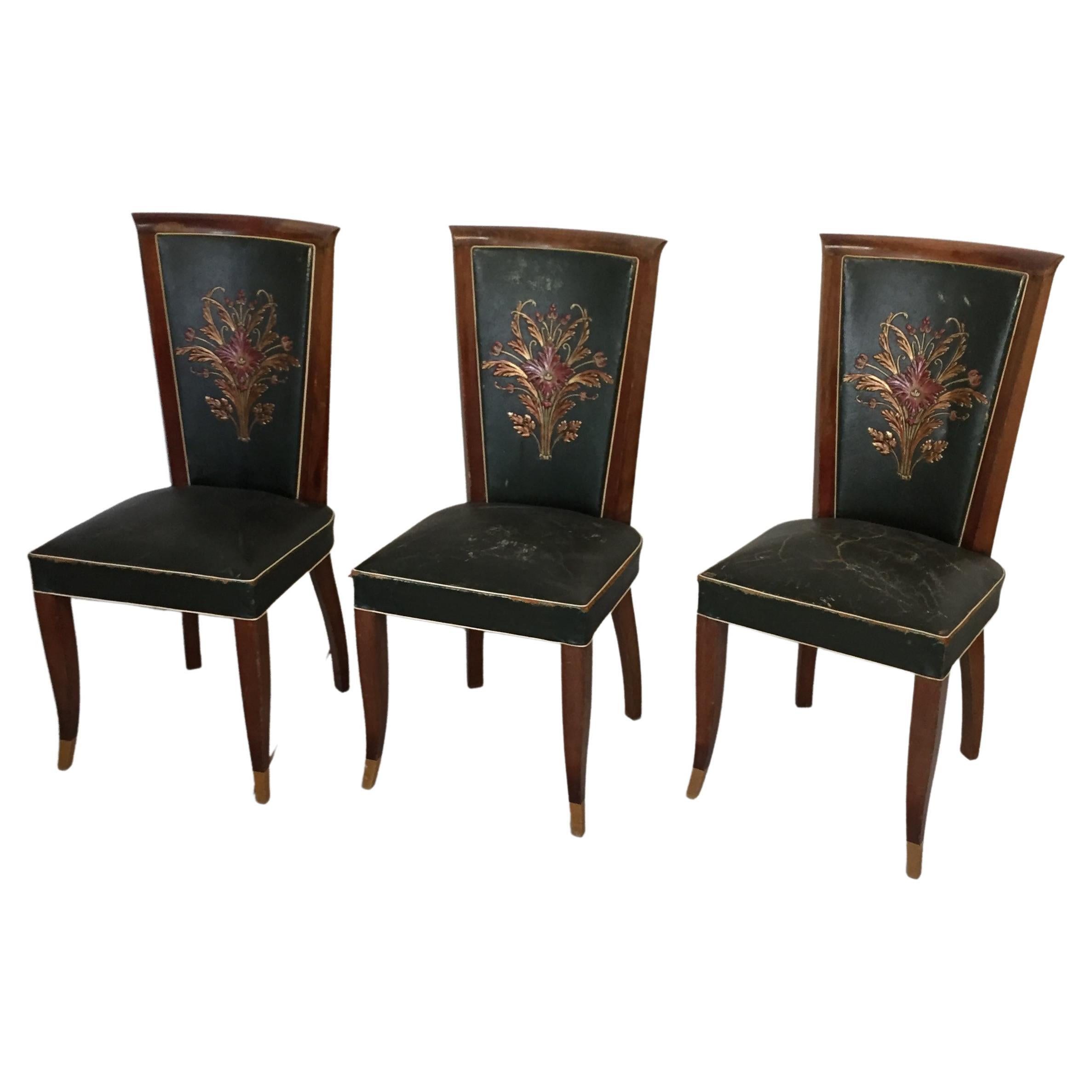 Six chaises Art déco en cuir vert en état d'origine