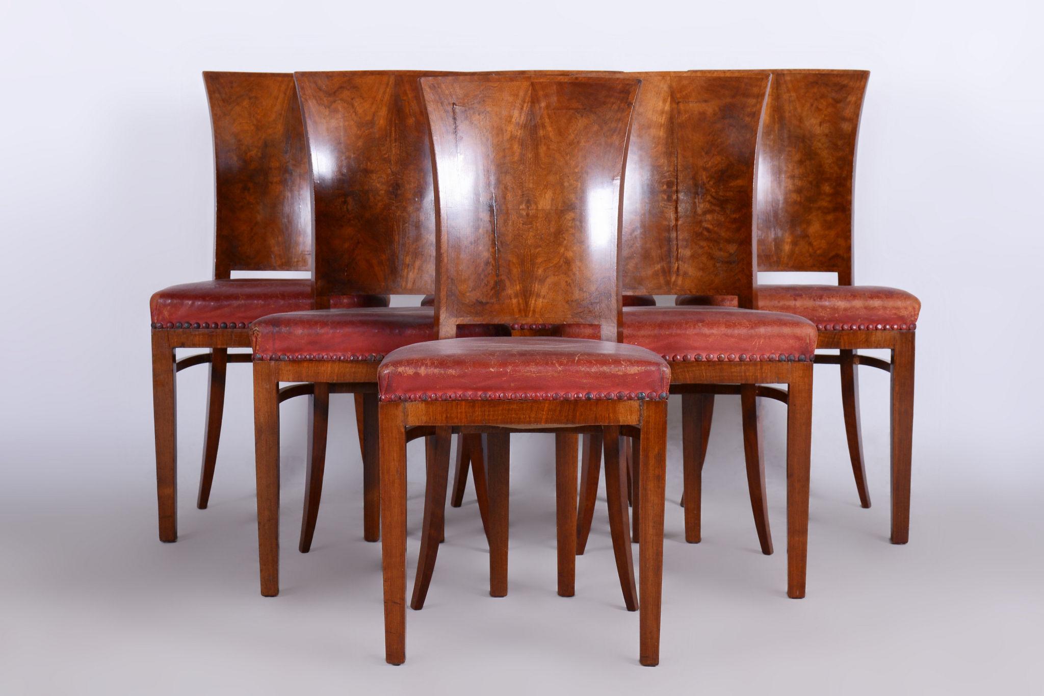 Sechs Art déco-Stühle, Nussbaum, restauriert, Originalpolsterung, Frankreich, 1920er Jahre (Französisch) im Angebot
