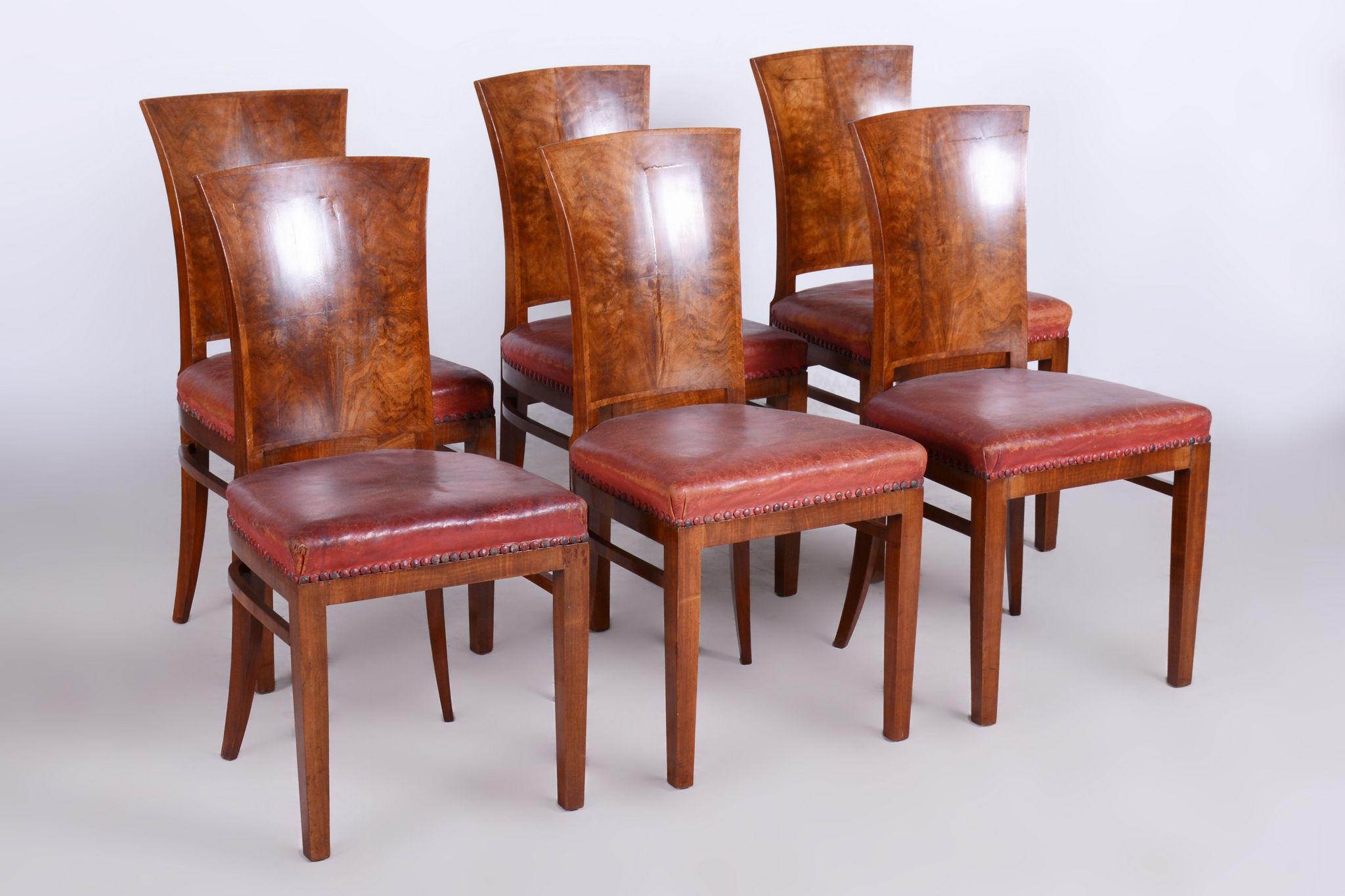 French Six Art Deco Chairs, Walnut, Restored, Original Upholstery, France, 1920s For Sale
