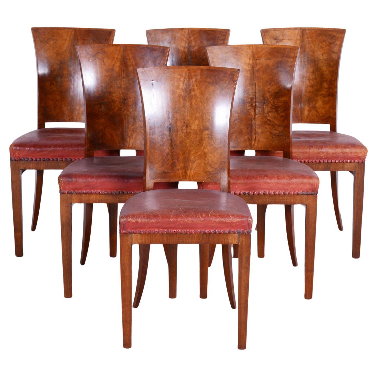 Six Art Deco Chairs, Walnut, Restored, Original Upholstery, France, 1920s For Sale