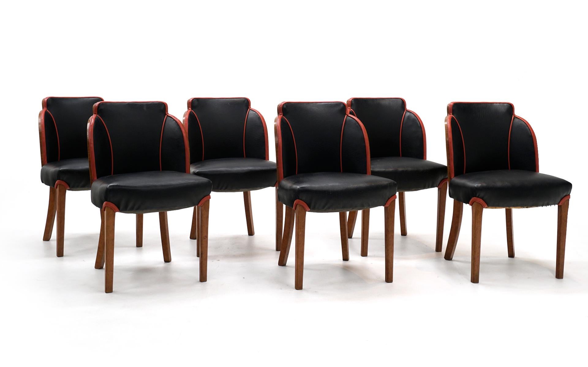 Set of 6 Art Deco Cloud dining chairs designed by Harry and Lou Epstein, 1930s. Curved walnut burl seat backs with black leather and red piping. All are in very good condition with minimal signs of wear. Upholstery is newer.