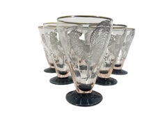 Six Art Deco Cocktail Glasses in Pale Pink with Black Foot and Silver Overlay