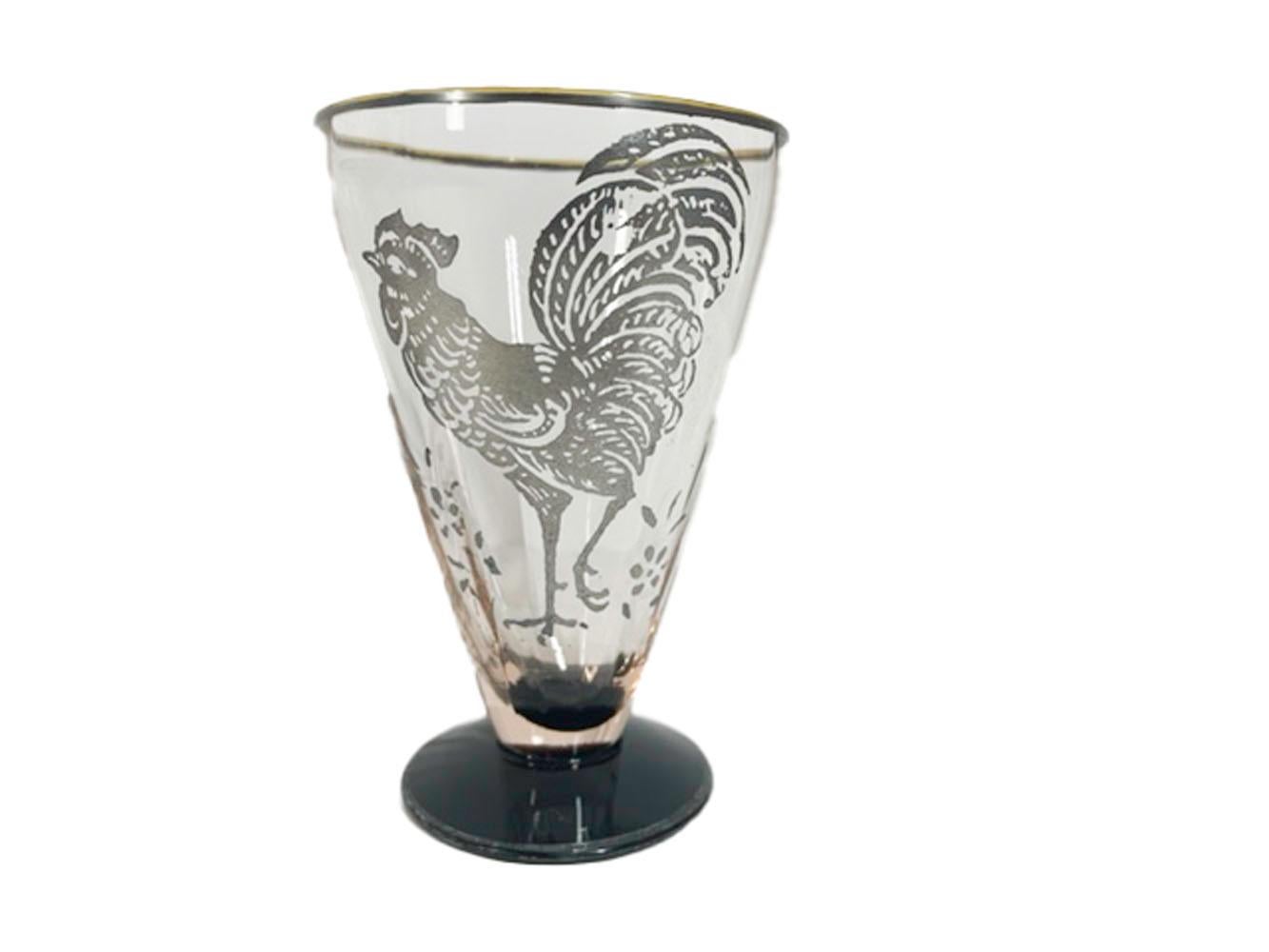 American Six Art Deco Cocktail Glasses in Pale Pink with Black Foot and Silver Overlay For Sale