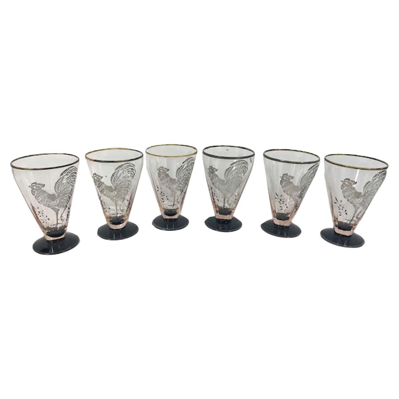 Sei bicchieri da cocktail Art Deco in rosa pallido con piede nero e sovrapposizione d'argento