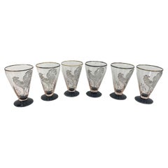 Six verres à cocktail Art Déco en rose pâle avec pied noir et superposition d'argent