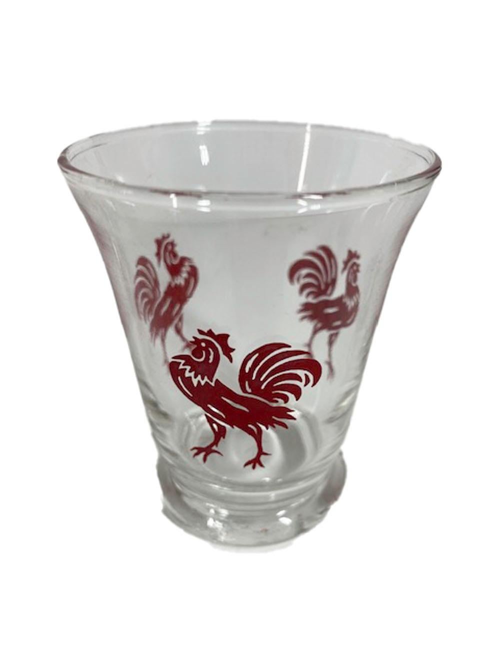 Set of 6 Art Deco footed cocktail glasses of inverted bell form each with three roosters in red enamel.