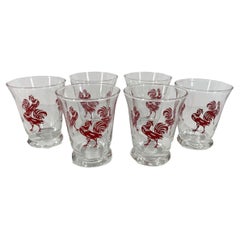 Vintage Six Art Deco Cocktail Glasses of Bell Form Enameled with Red Enameled Roosters