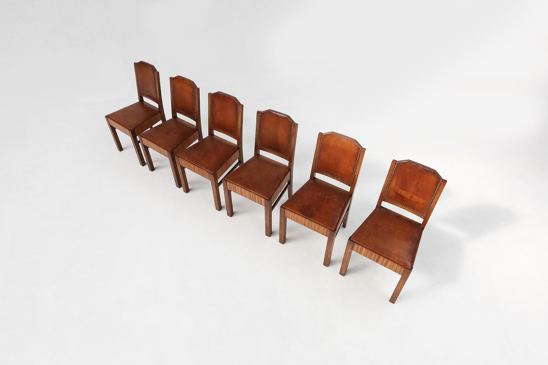 Leather Six Art Deco Dining Chairs by De Coene, circa 1930