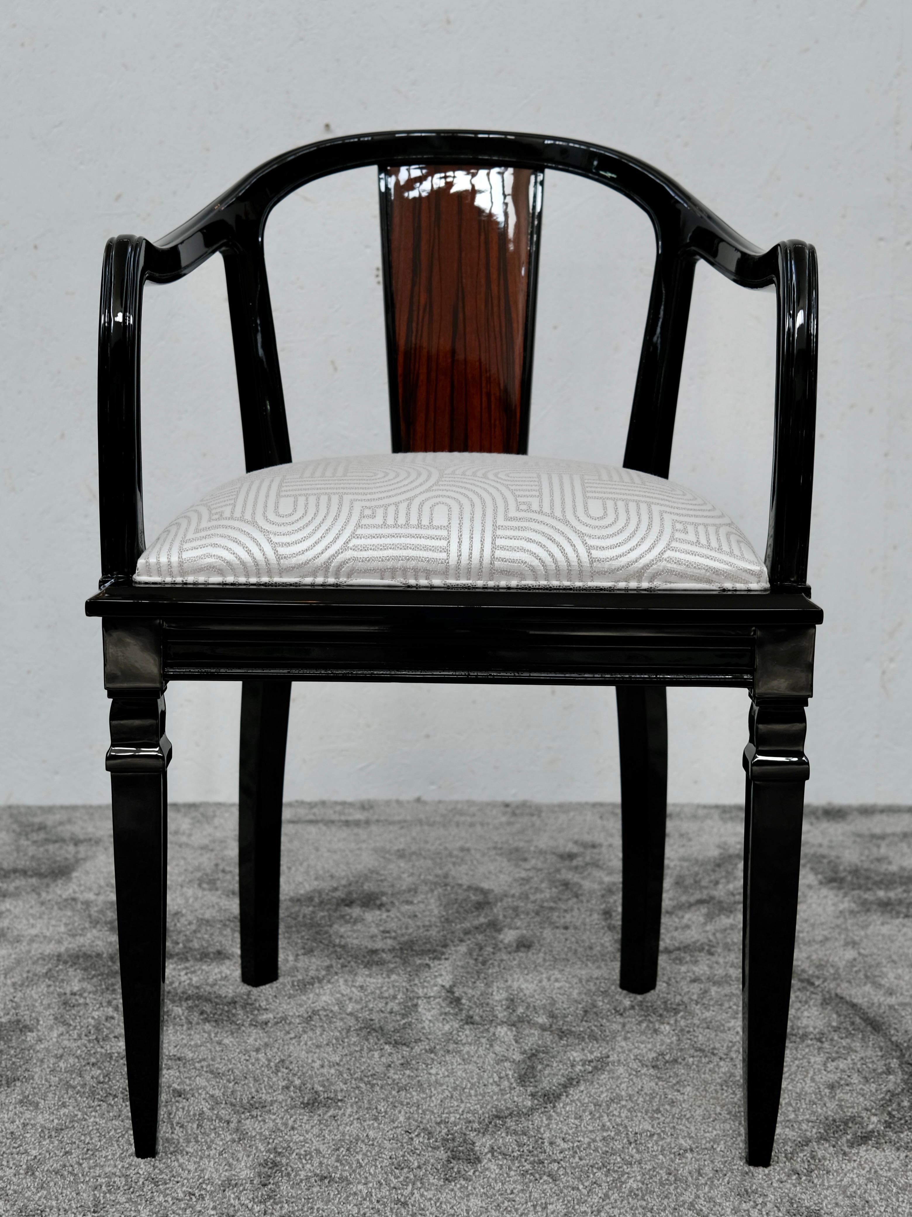 Sei sedie da pranzo Art Déco, nero lucido con impiallacciatura di Macassar, Francia anni '30 in vendita 8