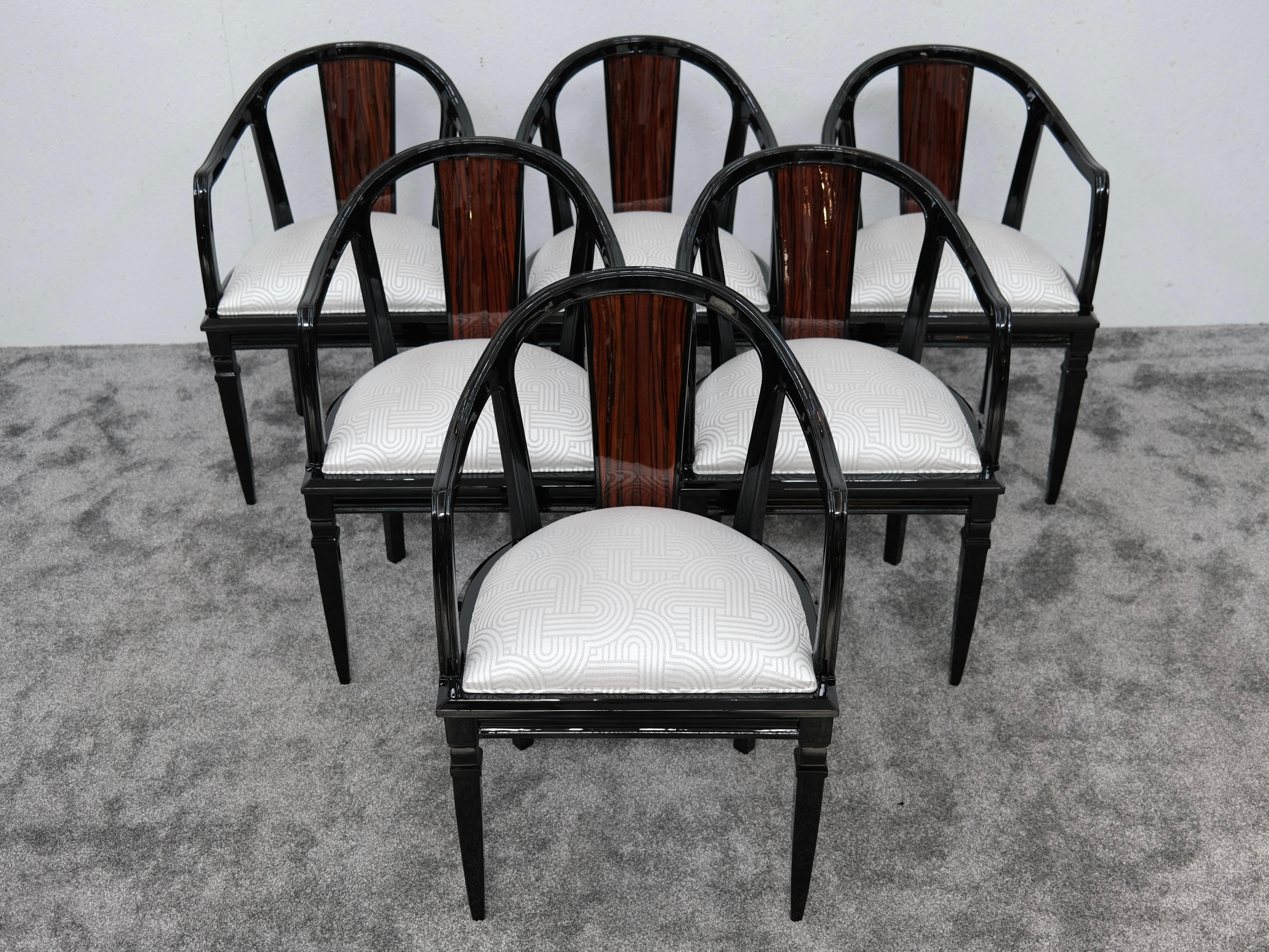 Annerito Sei sedie da pranzo Art Déco, nero lucido con impiallacciatura di Macassar, Francia anni '30 in vendita