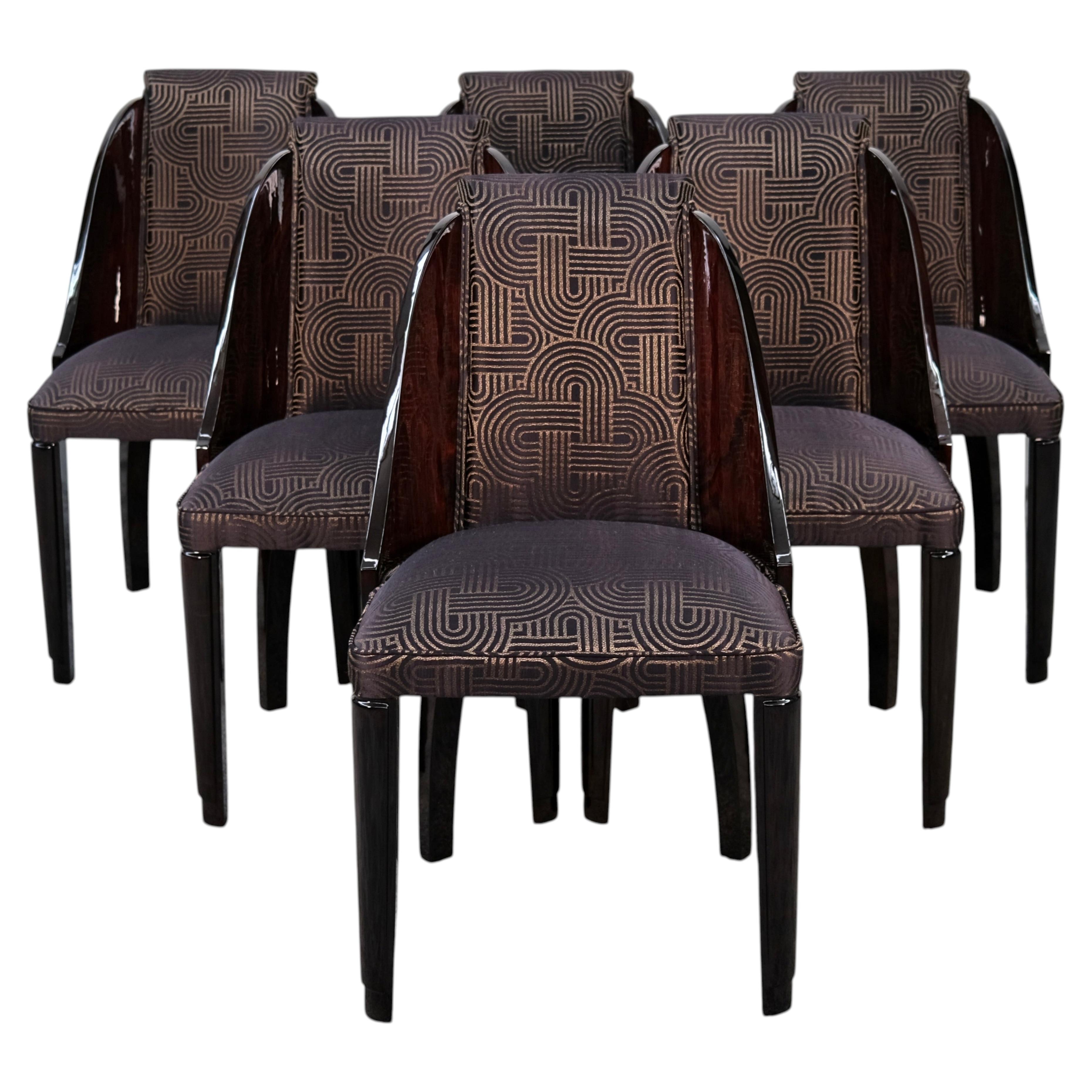 Six Art Deco Dining Chairs, Nutwood Stained, High Gloss Lacquer, France 1930s