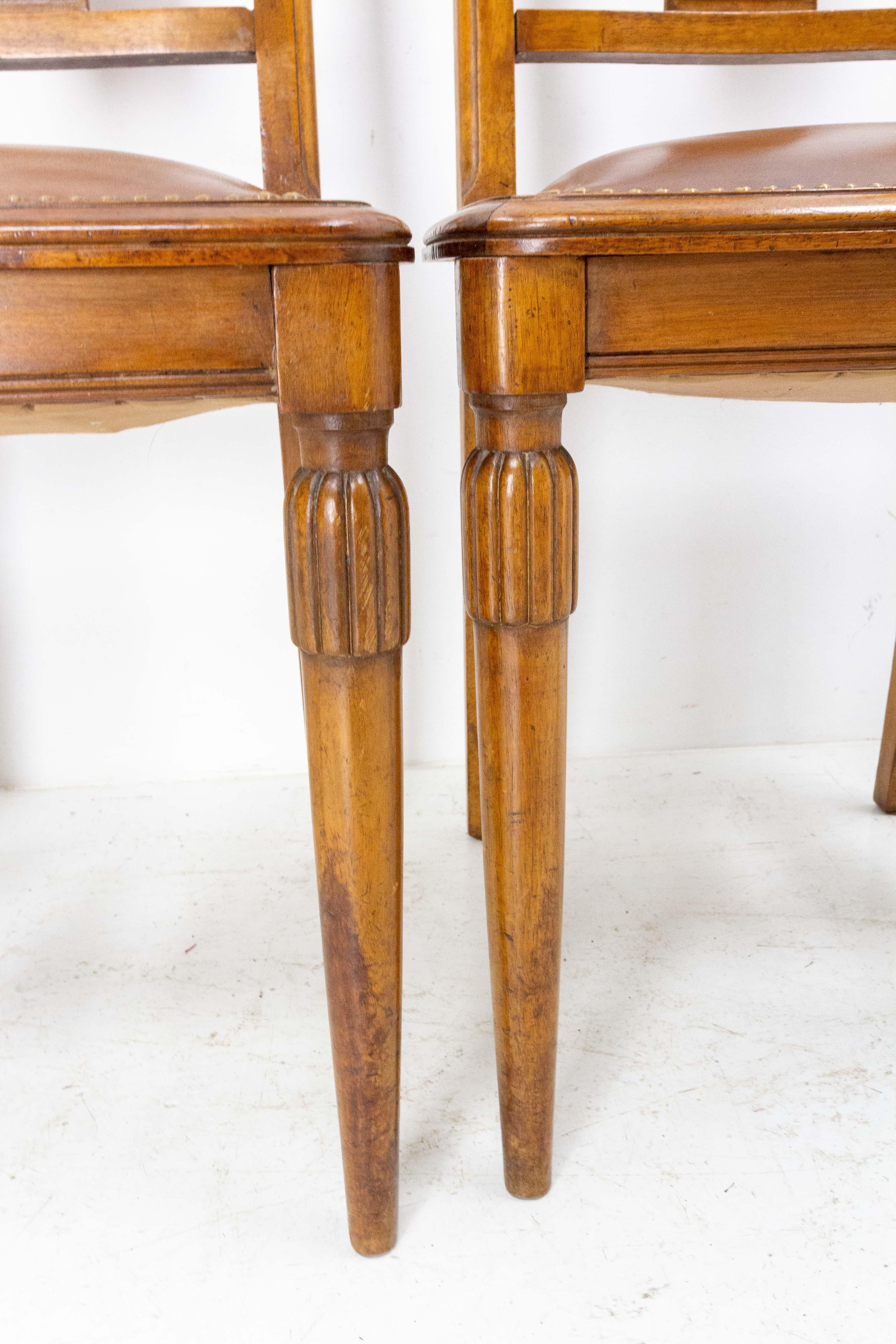 Six Art Deco Dining Walnut and Skai Chairs, French, circa 1930 For Sale 5