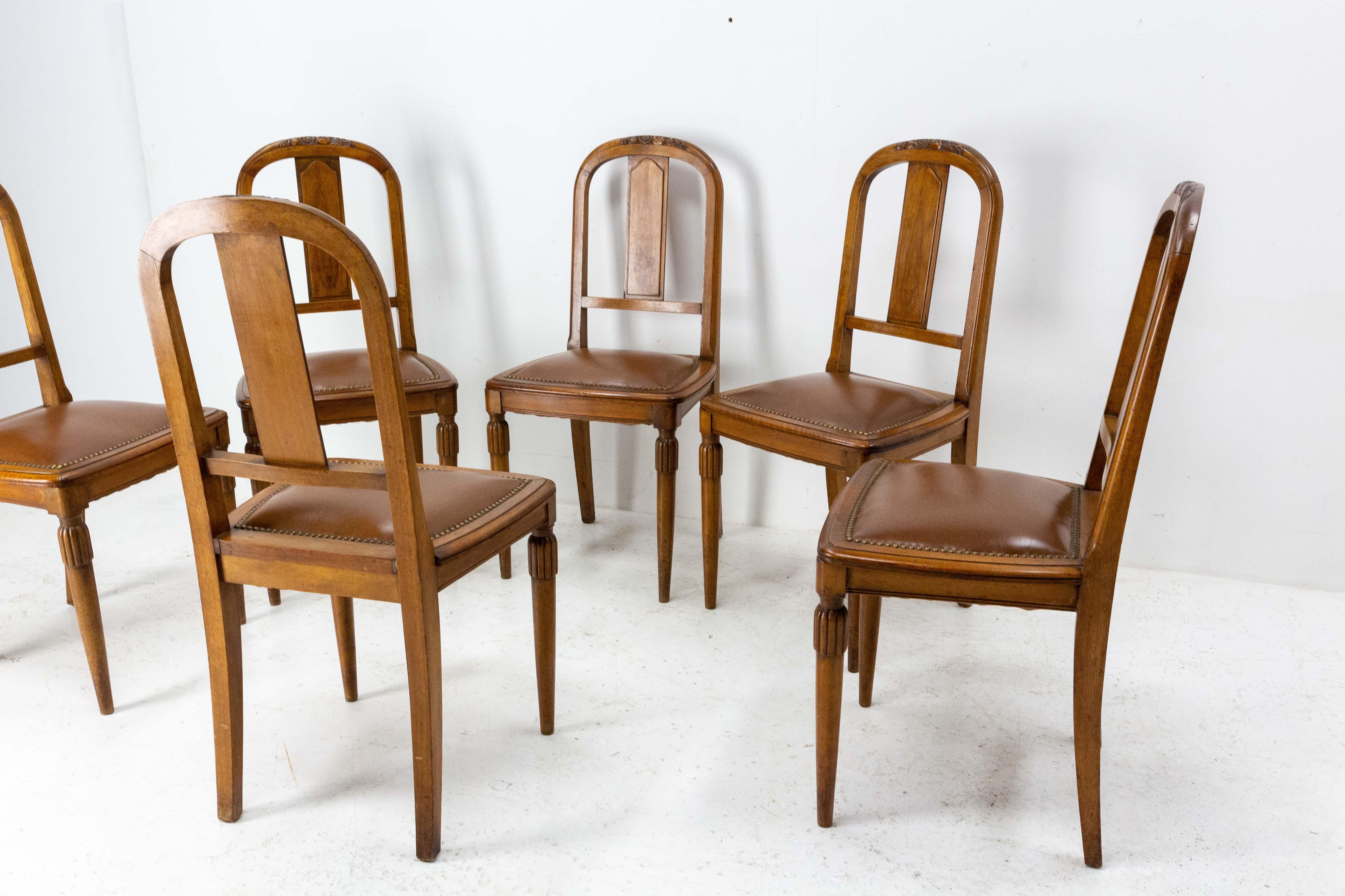 20th Century Six Art Deco Dining Walnut and Skai Chairs, French, circa 1930 For Sale
