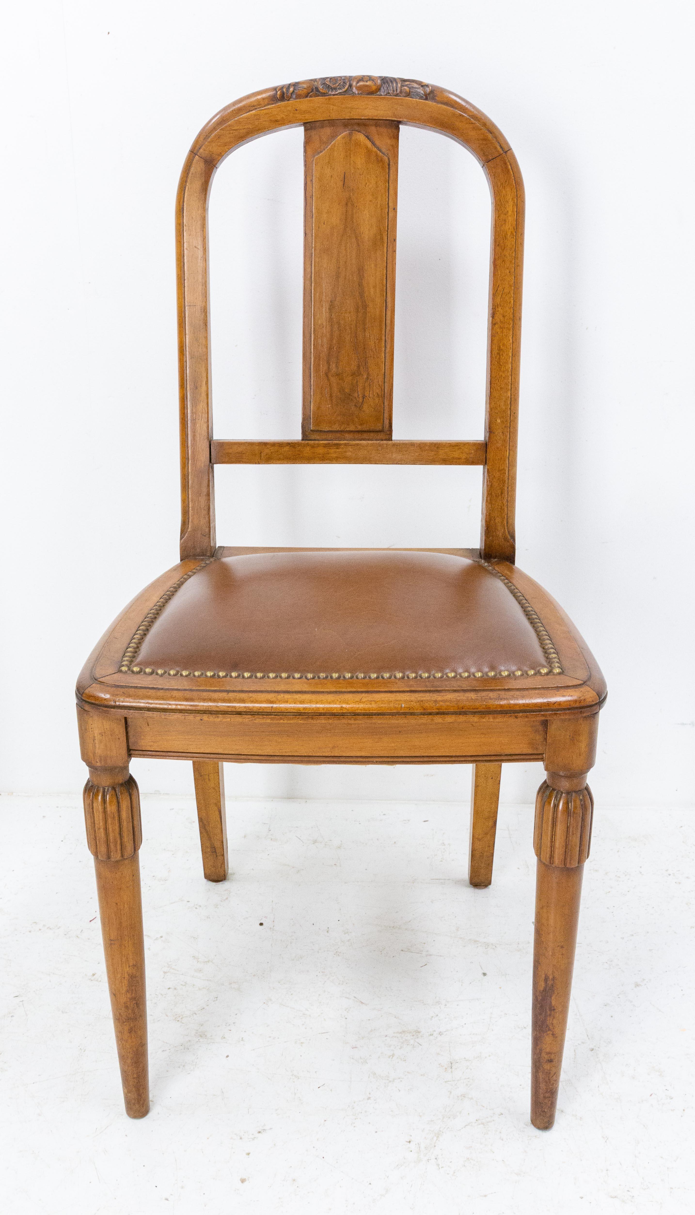 Faux Leather Six Art Deco Dining Walnut and Skai Chairs, French, circa 1930 For Sale
