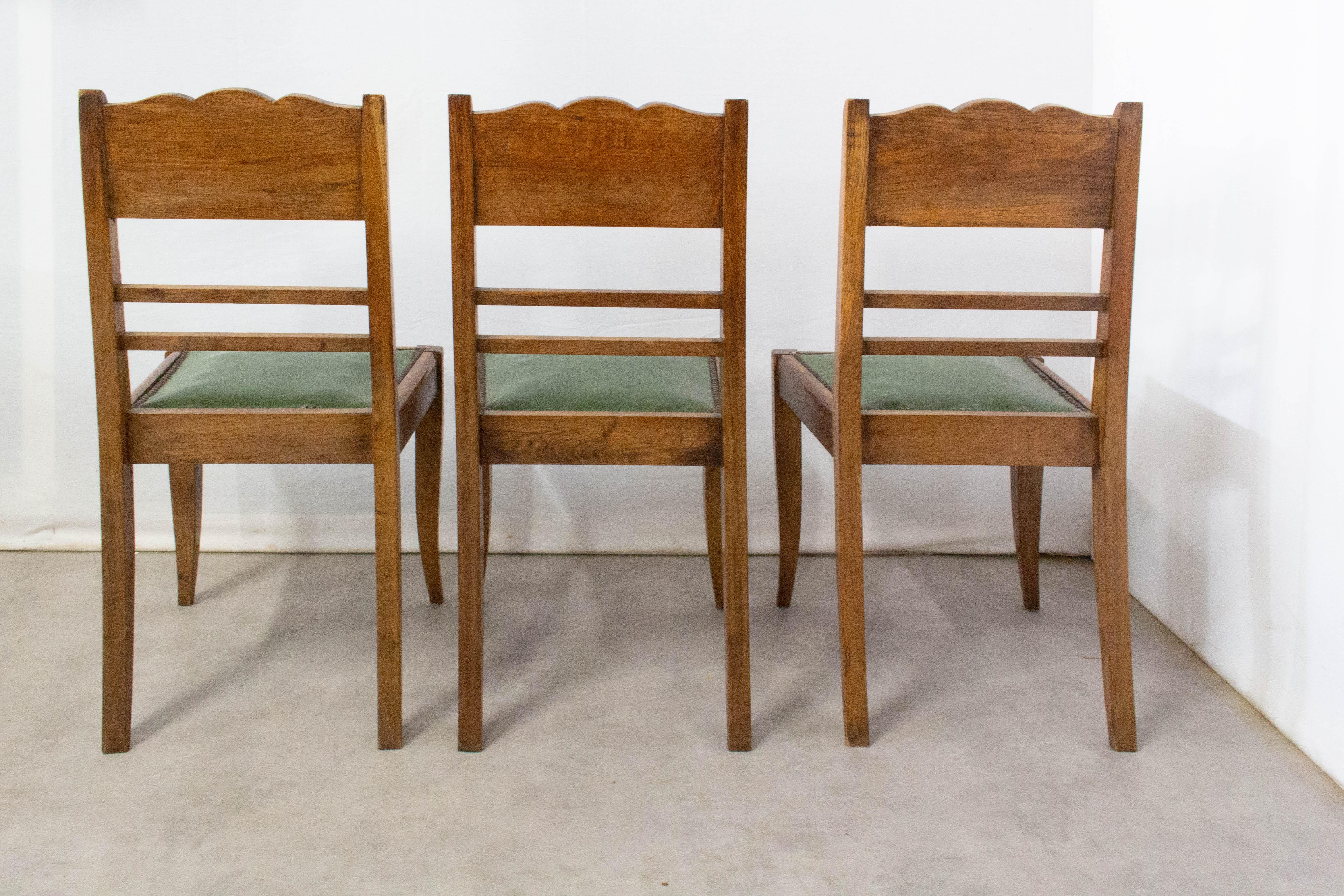 Six Art Deco Green Oak Dining Chairs with Stylised Flowers French, circa 1940 For Sale 1