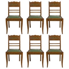 Six Art Deco Green Oak Dining Chairs with Stylised Flowers French, circa 1940