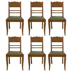 Six Art Deco Green Oak Dining Chairs with Stylised Flowers French, circa 1940