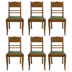 Retro Six Art Deco Green Oak Dining Chairs with Stylised Flowers French, circa 1940