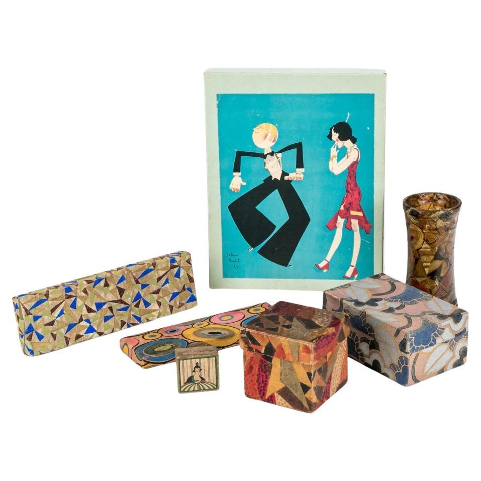 Six Art Deco Patterned Boxes, John Held, Jr Box & An Art Deco Decoupaged Vase