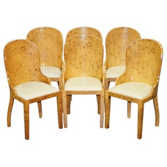 Six Art Deco Style Burr Walnut Dining Chairs after Harry & Lou Epstein Patina 6