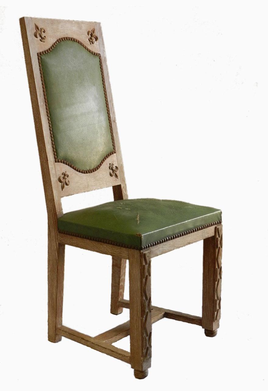 Six Arts and Crafts Dining Chairs French Limed Oak Leather to Recover  (Gekalkt)