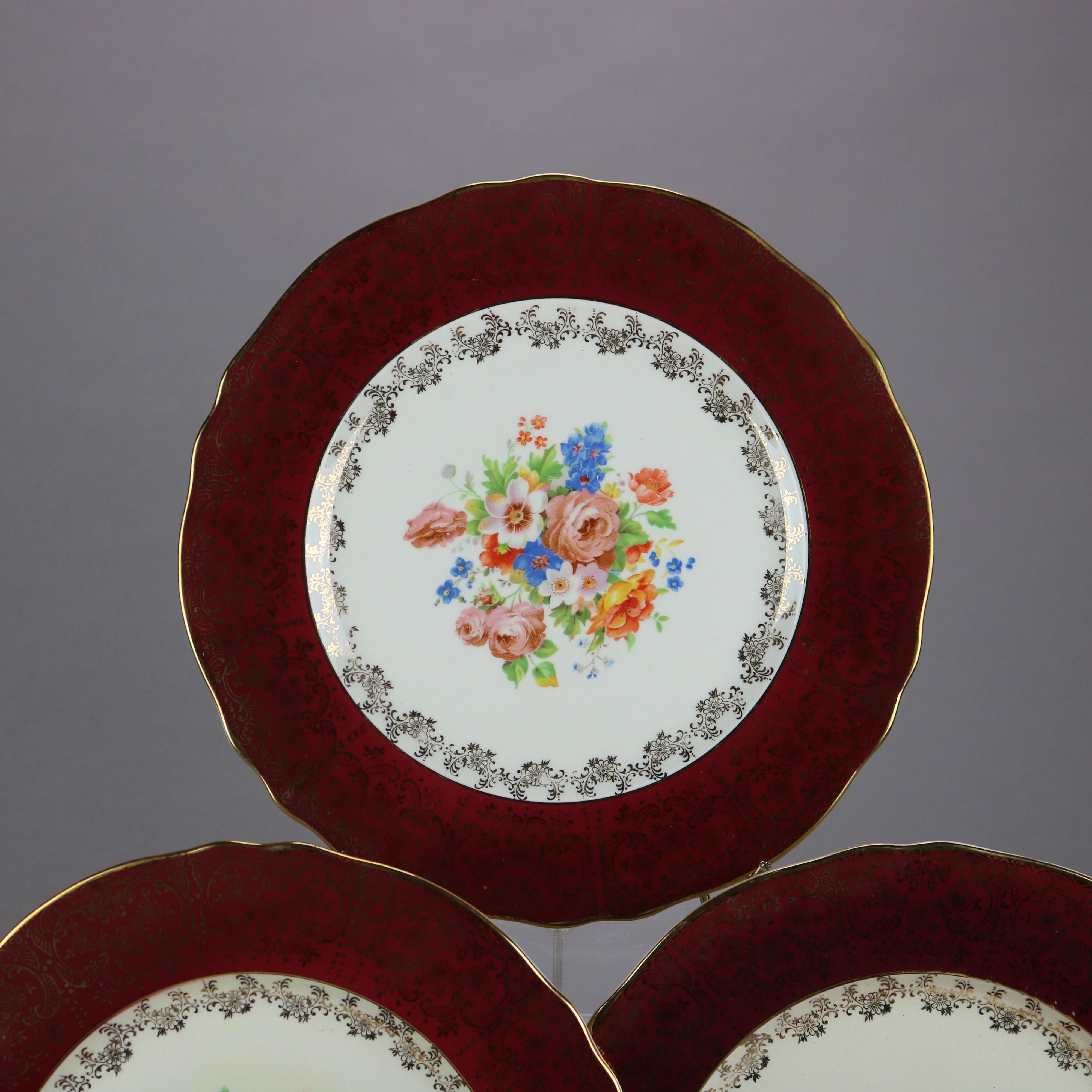 Seis Platos de China Atlas Borgoña y Borde Dorado con Pozo Floral Estadounidense en venta