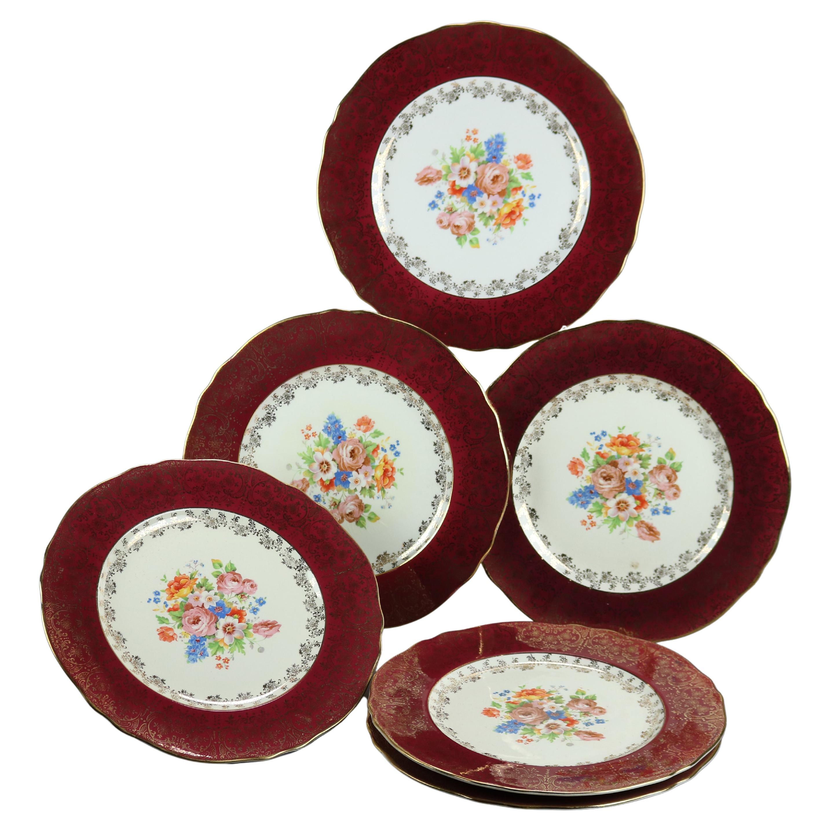 Six Atlas Burgundy & Gilt Rim China Dinner Plates with Floral Well For Sale