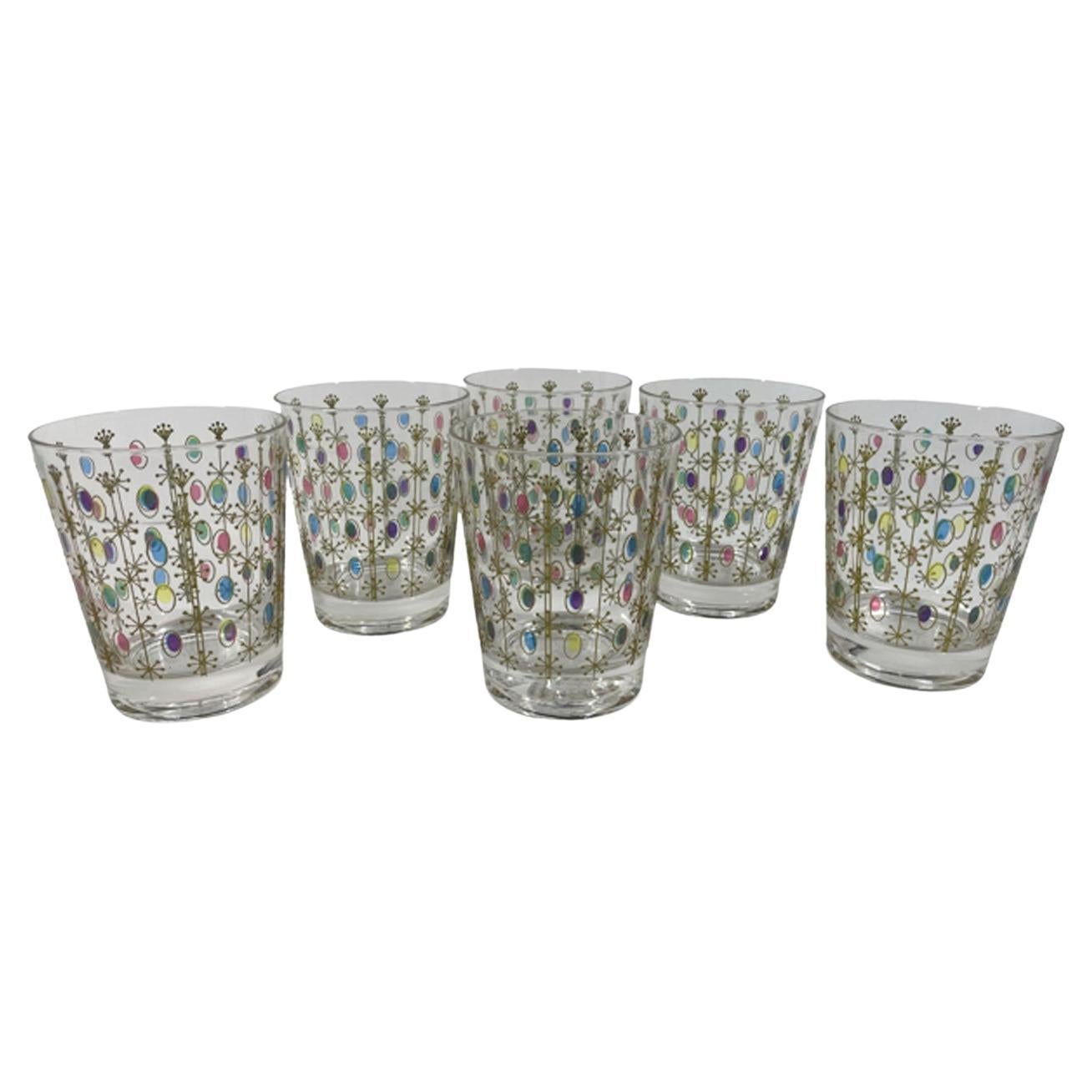 Six Atomic Period Double Old Fashion Glasses w/ Oval Enamel Jewels & Gold Stars For Sale