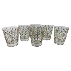 Retro Six Atomic Period Double Old Fashion Glasses w/ Oval Enamel Jewels & Gold Stars