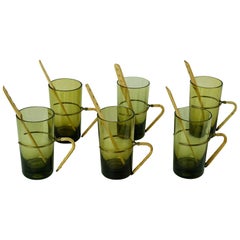 Vintage Six Austrian Midcentury green Glasses with Bamboo Stirrers by Carl Auböck